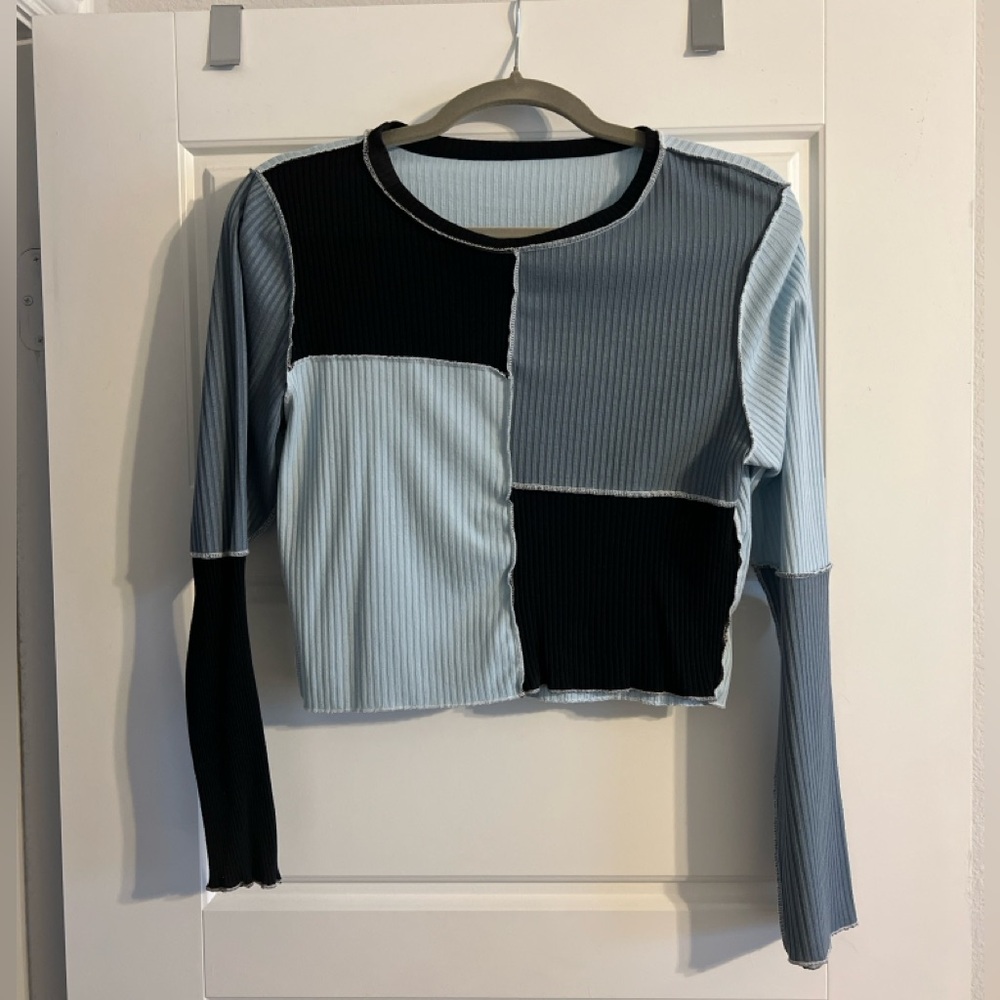 Patchwork Crop Top - Black, Gray, Light Blue Size-Large